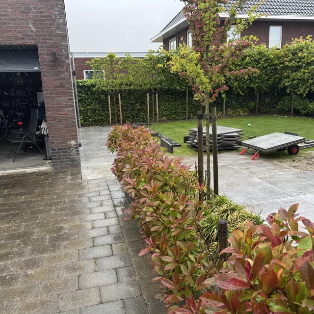 Oprit met keramische tegels en een klinkerstrook langs de border met jonge boom