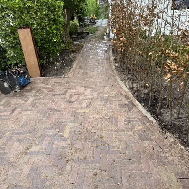Smal klinkerpad tussen de beplanting door naar de achterzijde